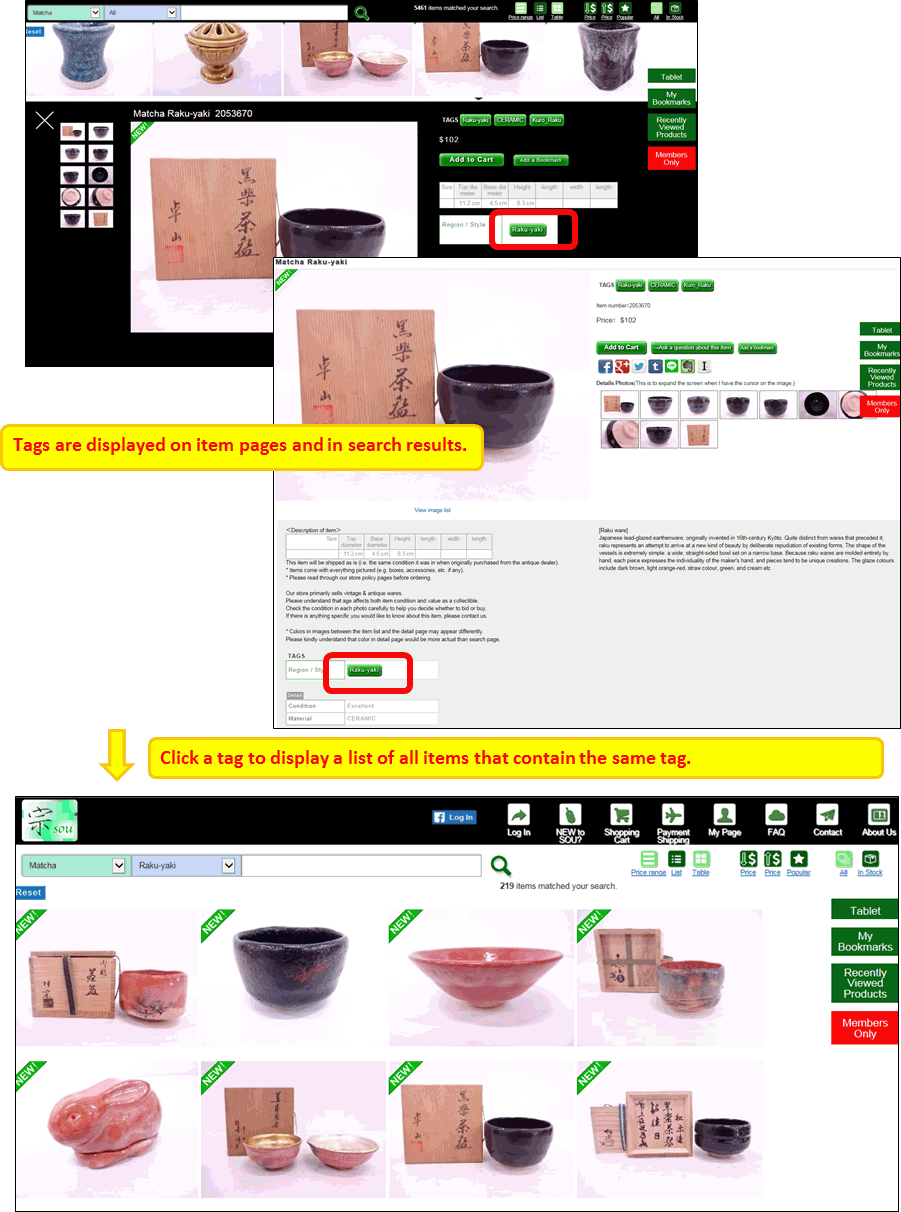 Tags are attached on lists and details of items.