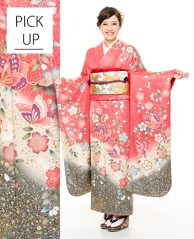 金通し毬に桜模様刺繍振袖【中古】【着】 宗sou