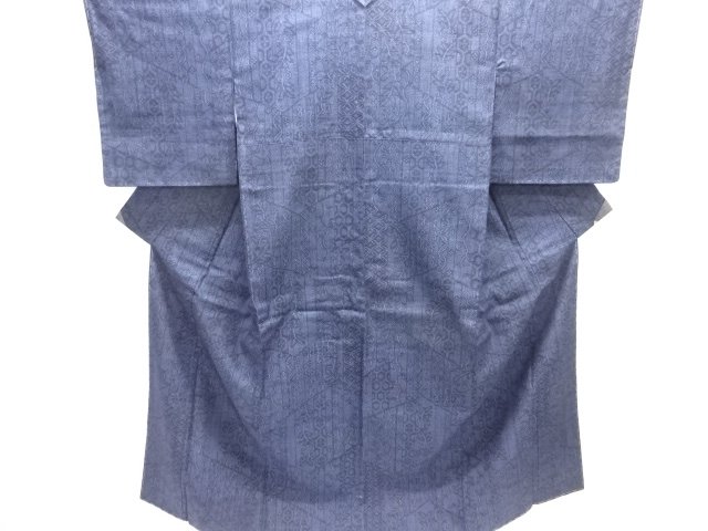 未使用品　重要無形文化財本場結城紬100亀甲　裂取に花更紗模様織り出し着物