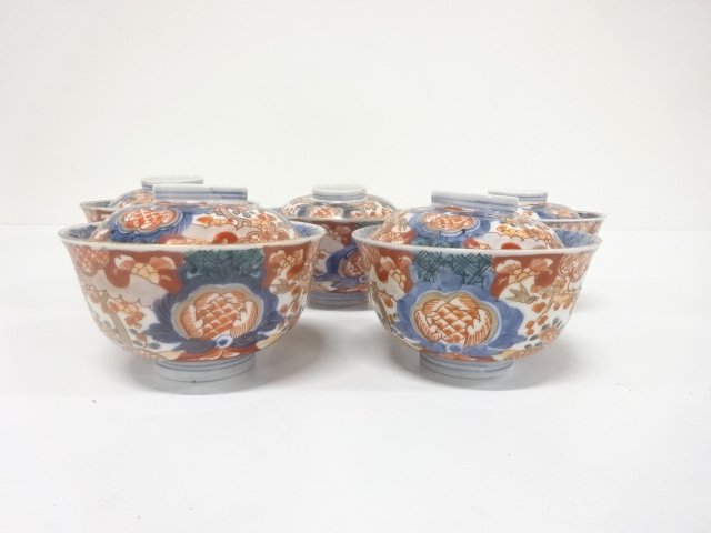 古伊万里　染錦　蓋茶碗　5客