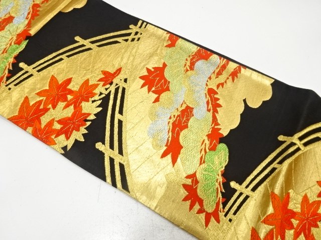 アンティーク　橋に笠松・紅葉模様織り出し袋帯（材料）