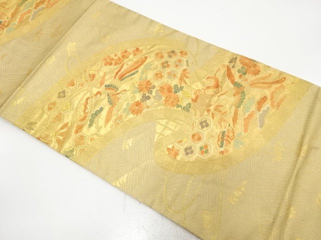 巻物に鳳凰・花・宝尽くし模様織り出し　袋帯