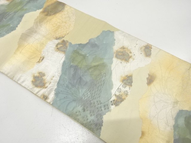 アンティーク　服部織物製　こはく錦　霞取りに流水・草葉模様織り出し袋帯（材料）
