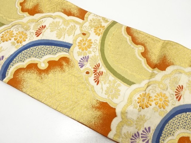 アンティーク　雪輪に笠松・菊唐草模様織り出し袋帯（材料）