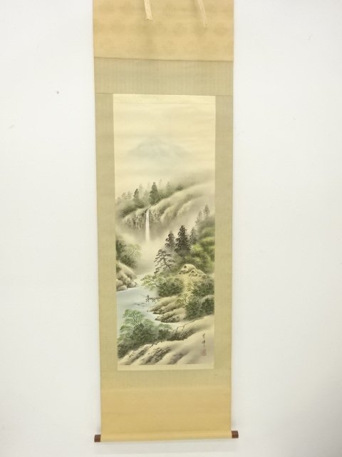 紫峰筆　彩色山水　肉筆絹本掛軸