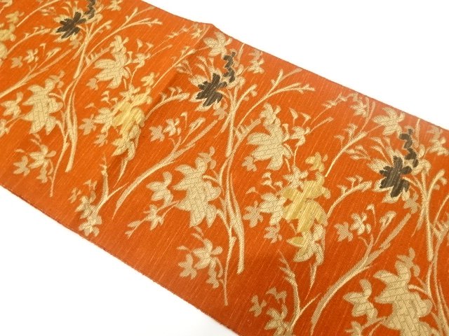 SALE!! アンティーク　手織り紬　草花模様織り出し名古屋帯（着用可）
