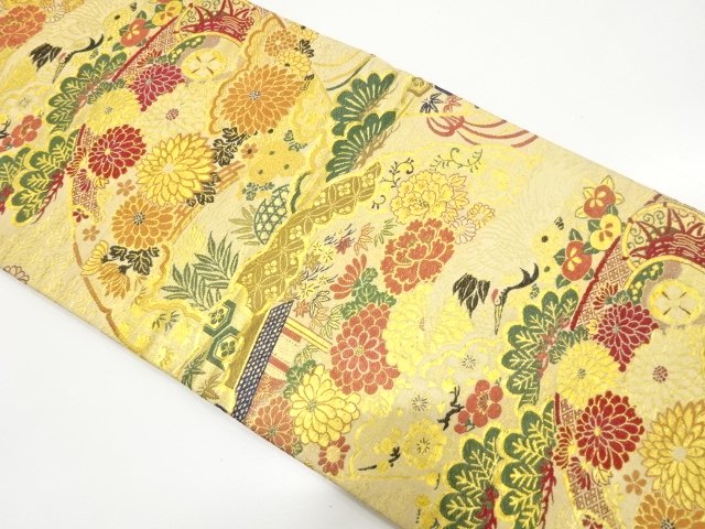 SALE!! アンティーク　扇に屋敷風景・草花模様織り出し丸帯（着用可）