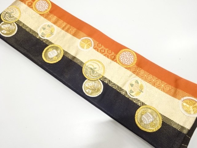 JAPANESE KIMONO / HANHABA OBI / REVERSIBLE / WOVEN ROUNDEL FLOWER & BUTTERFLY 