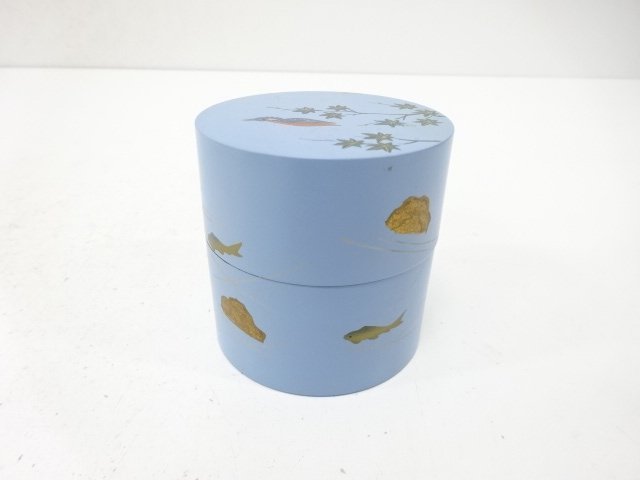 SALE!! 青漆塗り　鮎に鳥　中次茶入(保護箱付)