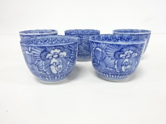 JAPANESE CERAMICS / KOIMARI / EDO ERA / SOBA CHOKO CUP SET OF 5 / BLUE & WHITE