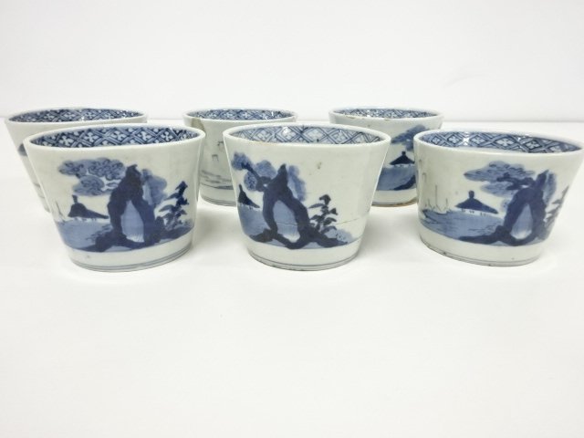 JAPANESE CERAMICS / KOIMARI / EDO ERA / SOBA CHOKO CUP SET OF 6 / BLUE & WHITE
