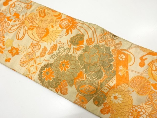 JAPANESE KIMONO / ANTIQUE CHILDRENS OBI WOVEN / PEONY / CHRYSANTHEMUM 