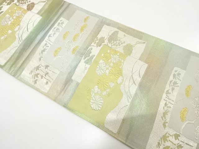 アンティーク　枡に菊・葡萄模様織り出し袋帯（着用可）