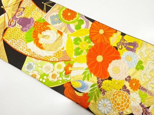 アンティーク　宝船に菊・荒波模様織り出し袋帯（着用可）