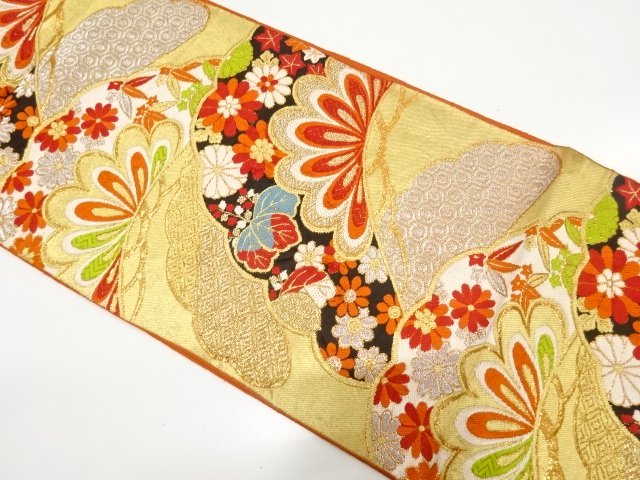 アンティーク　笠松に菊・桐・紅葉模様織り出し袋帯（着用可）