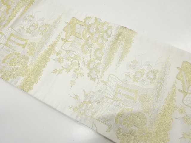 アンティーク　御所車に草花模様織り出し袋帯（材料）