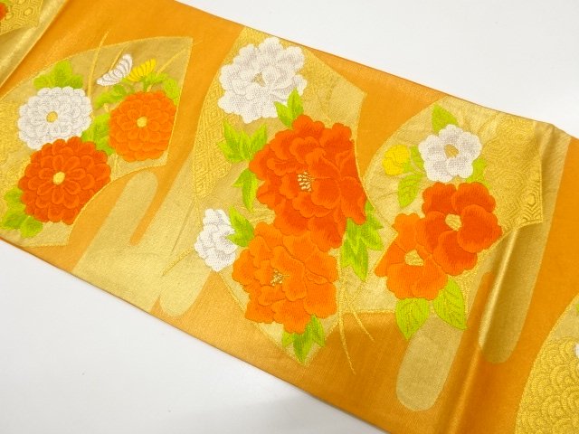 アンティーク　地紙に菊・牡丹・椿模様織り出し袋帯（材料）