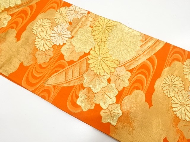 アンティーク　観世水に舟・菊・紅葉模様織り出し袋帯（材料）