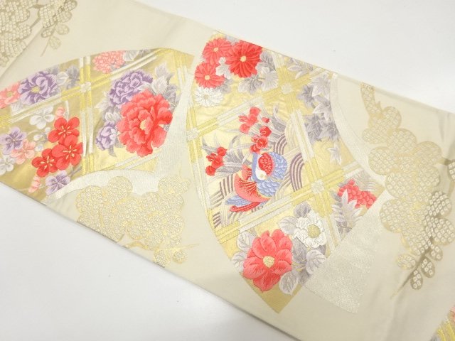 アンティーク　地紙に鴛鴦・牡丹・菊・梅模様織り出し袋帯（材料）
