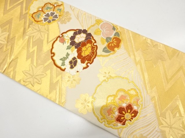 雪輪に牡丹・橘・華紋織り出し　振袖用袋帯