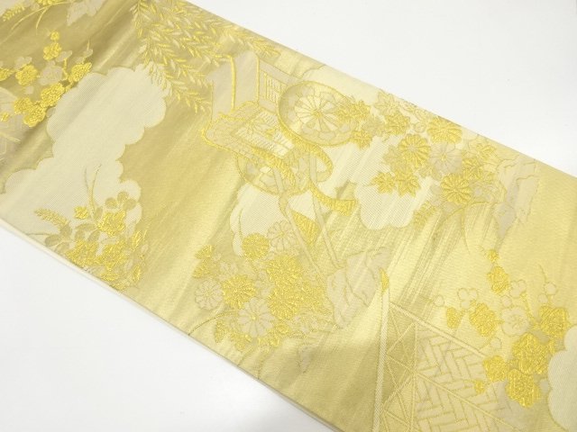アンティーク　御所車に菊・楓・梅模様織り出し袋帯（材料）