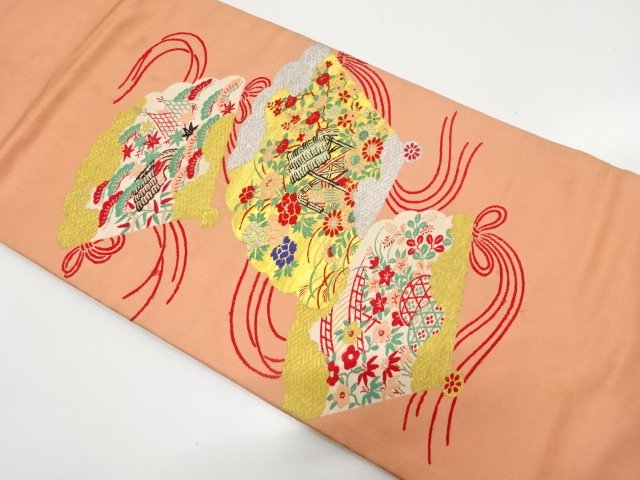 アンティーク　桧扇に垣根・草花模様織り出し名古屋帯（着用可）