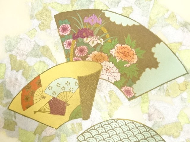 アンティーク　塩瀬銀彩　地紙に草花模様名古屋帯