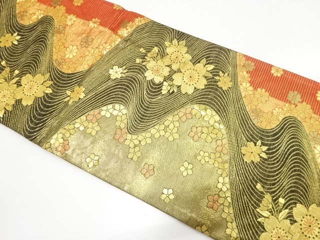 流水に桜模様織り出し　全通振袖用袋帯