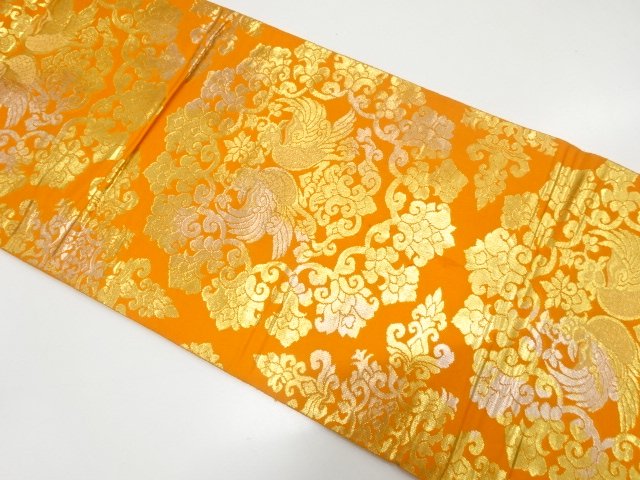 JAPANESE KIMONO / FUKURO OBI / KOHAKU NISHIKI / FLOWER CREST & BIRD 