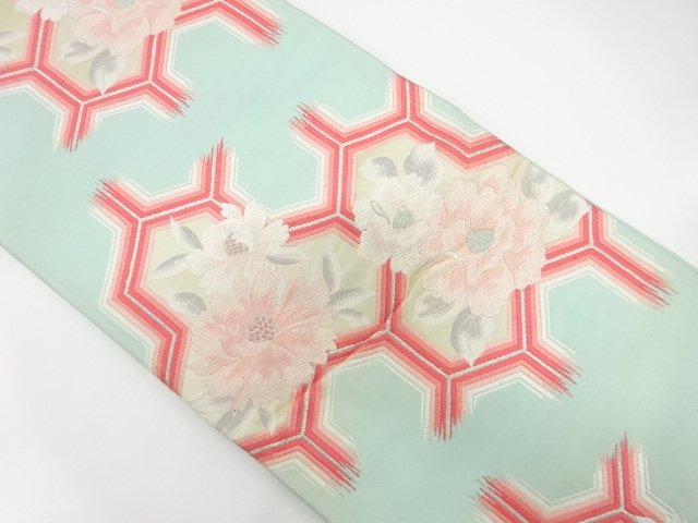 JAPANESE KIMONO / ANTIQUE FUKURO OBI / WOVEN CAMELLIA / PEONY PATTERNS