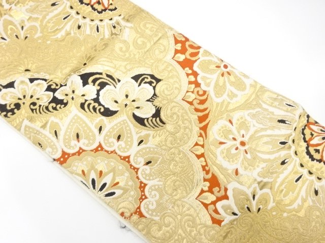JAPANESE KIMONO / ANTIQUE FLORAL ARABESQUE PATTERN WOVEN FUKURO OBI (W
