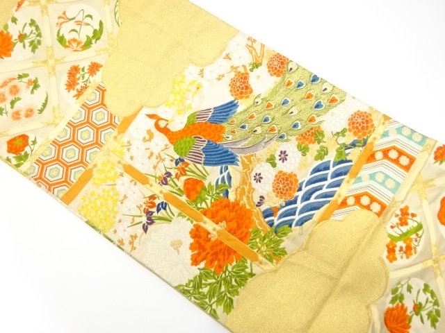 JAPANESE KIMONO / ANTIQUE PEACOCK / FLORAL PATTERN WOVEN FUKURO OBI (W