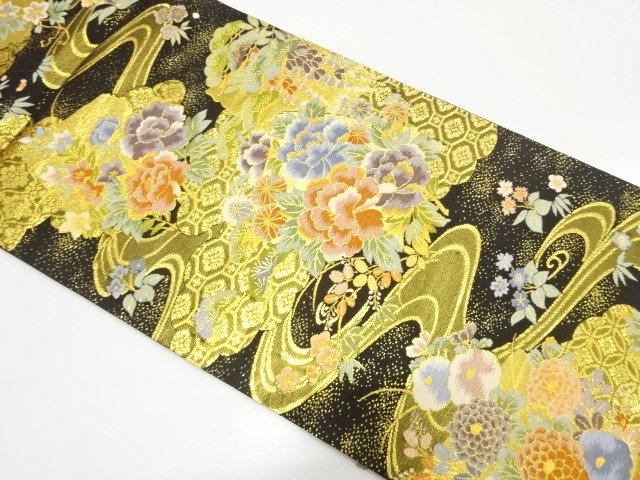 未使用品　本金箔二重　雲に流水・牡丹・菊模様織り出し　袋帯
