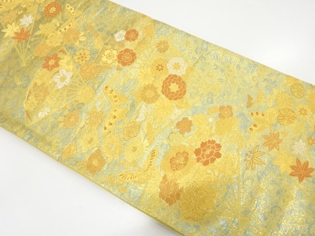 未使用品　金糸　扇面に花・蝶模様織り出し　袋帯
