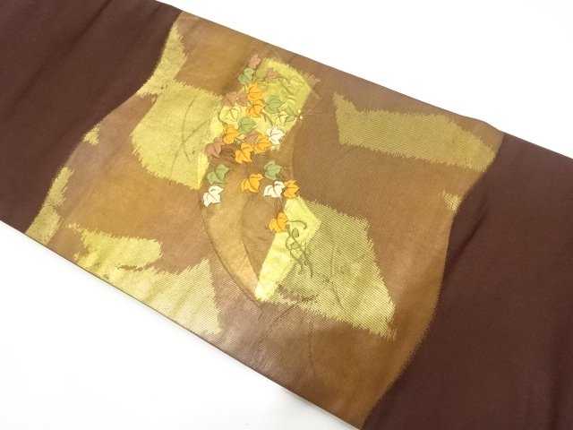 金彩　地紙に蔦の葉模様　刺繍　名古屋帯