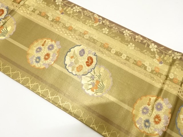 縞に雪輪・蝶・草花模様織り出し　袋帯
