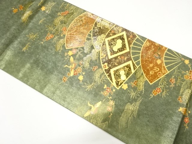 金彩　扇に松竹梅・鶴・宝尽くし模様　袋帯