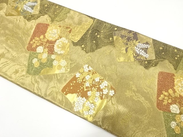 色紙に牡丹・藤・桜模様織り出し　袋帯