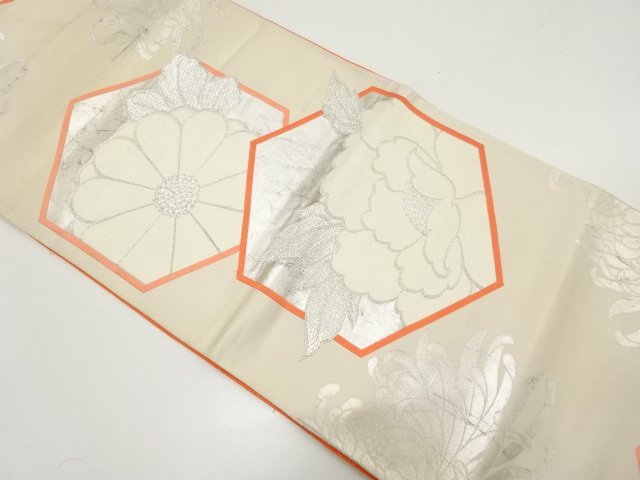 アンティーク　亀甲に菊・牡丹模様織り出し全通袋帯（材料）