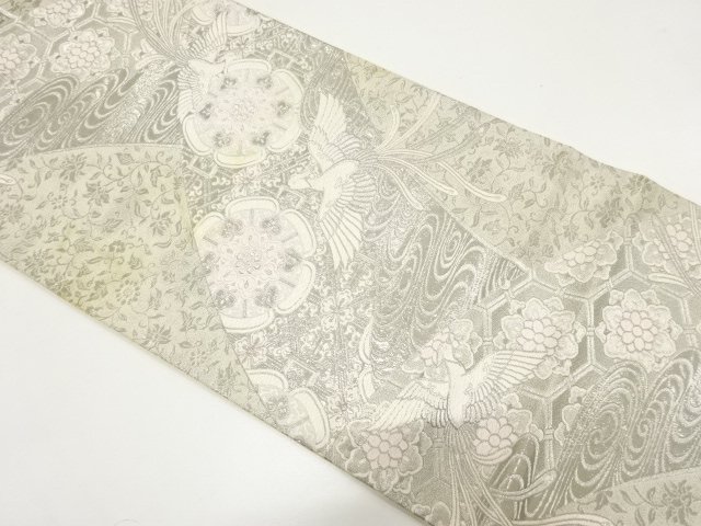 JAPANESE KIMONO / ANTIQUE PLATINUM FOIL FAN-SHAPED PHOENIX ANCIENT BRO
