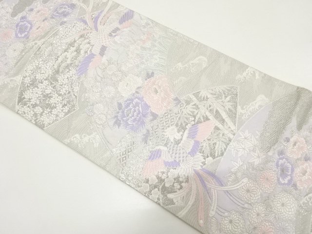 JAPANESE KIMONO / ANTIQUE FUKURO OBI / PLATINUM FOIL / WOVEN FLORAL PLANTS