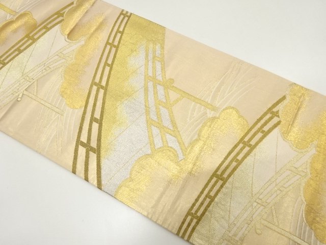 JAPANESE KIMONO / ANTIQUE FUKURO OBI / SILK / WOVEN BRIDGE & CLOUD