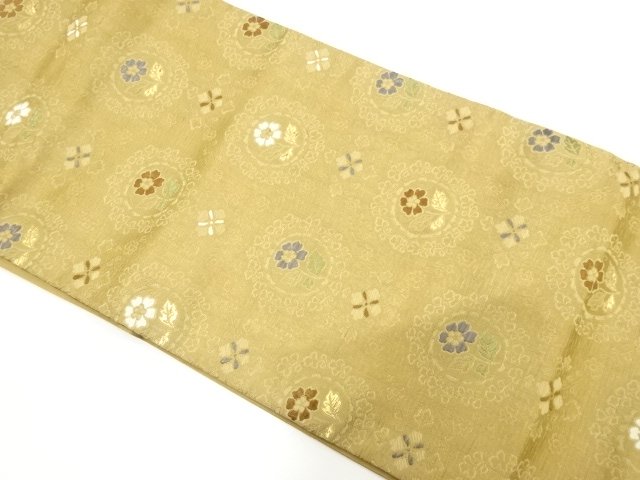 JAPANESE KIMONO / ANTIQUE NAGOYA OBI / WOVEN ROUNDEL CREST & FLOWERS