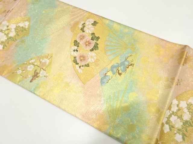 引箔　扇に菊・笠松・桔梗模様織り出し　袋帯