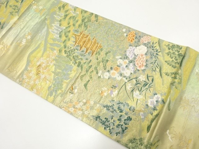 JAPANESE FUKURO OBI / UNUSED / WOVEN SCENERY OF GARDEN