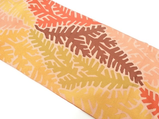 JAPANESE KIMONO / ANTIQUE ABSTRACT LEAF PATTERN WOVEN FULL-LENGTH FUKU