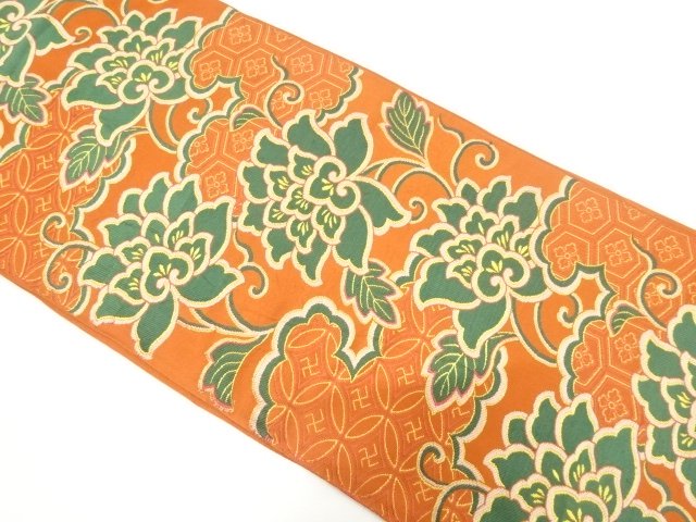 JAPANESE KIMONO / ANTIQUE FULL-LENGTH FUKURO OBI / WOVEN FLORAL ARABES