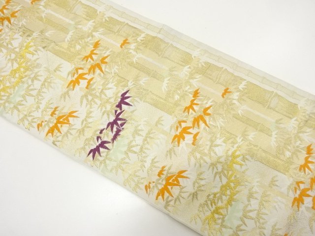 JAPANESE KIMONO / ANTIQUE BAMBOO LEAF PATTERN WOVEN FUKURO OBI (MATERI