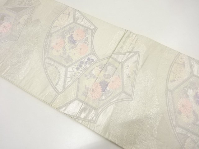 アンティーク　地紙に菊・笹・菖蒲模様織り出し袋帯（材料）