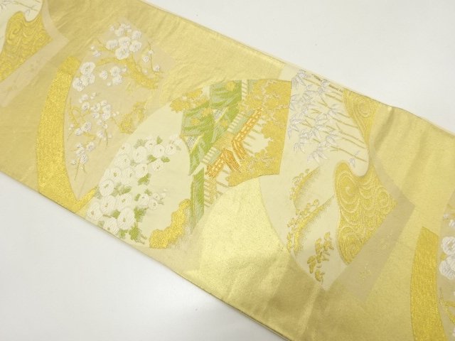 アンティーク　地紙に屋敷・梅笹模様織り出し袋帯（材料）